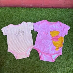 Disney Baby Winnie the Pooh Pink Striped & Tie Dye Bodysuits‎ Size 6 9 Months